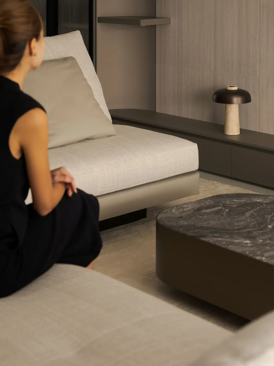 Living lounge with marble island and refined joinery
