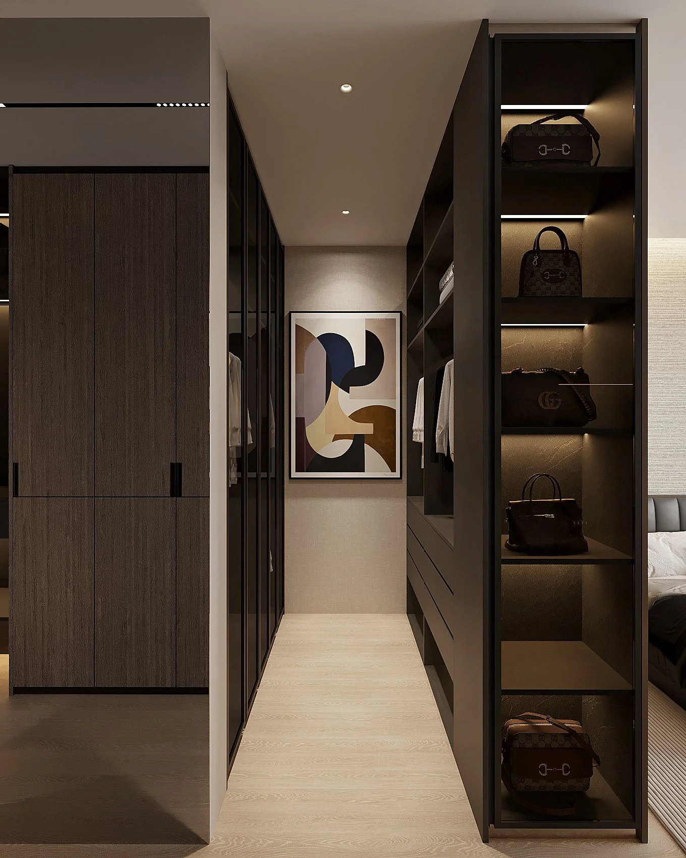 Full-height bespoke storage cabinetry — dark timber finish, integrated lighting, seamless joinery