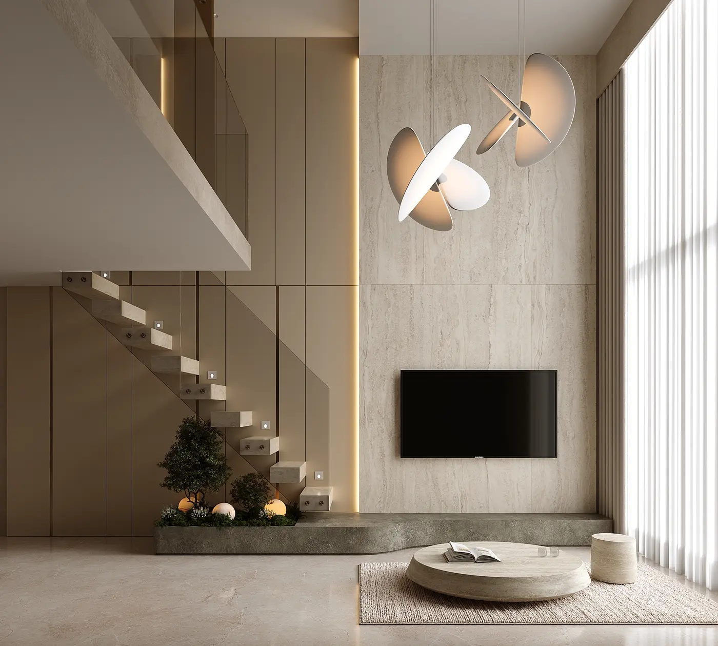 Dining area with travertine wall and pendant lighting