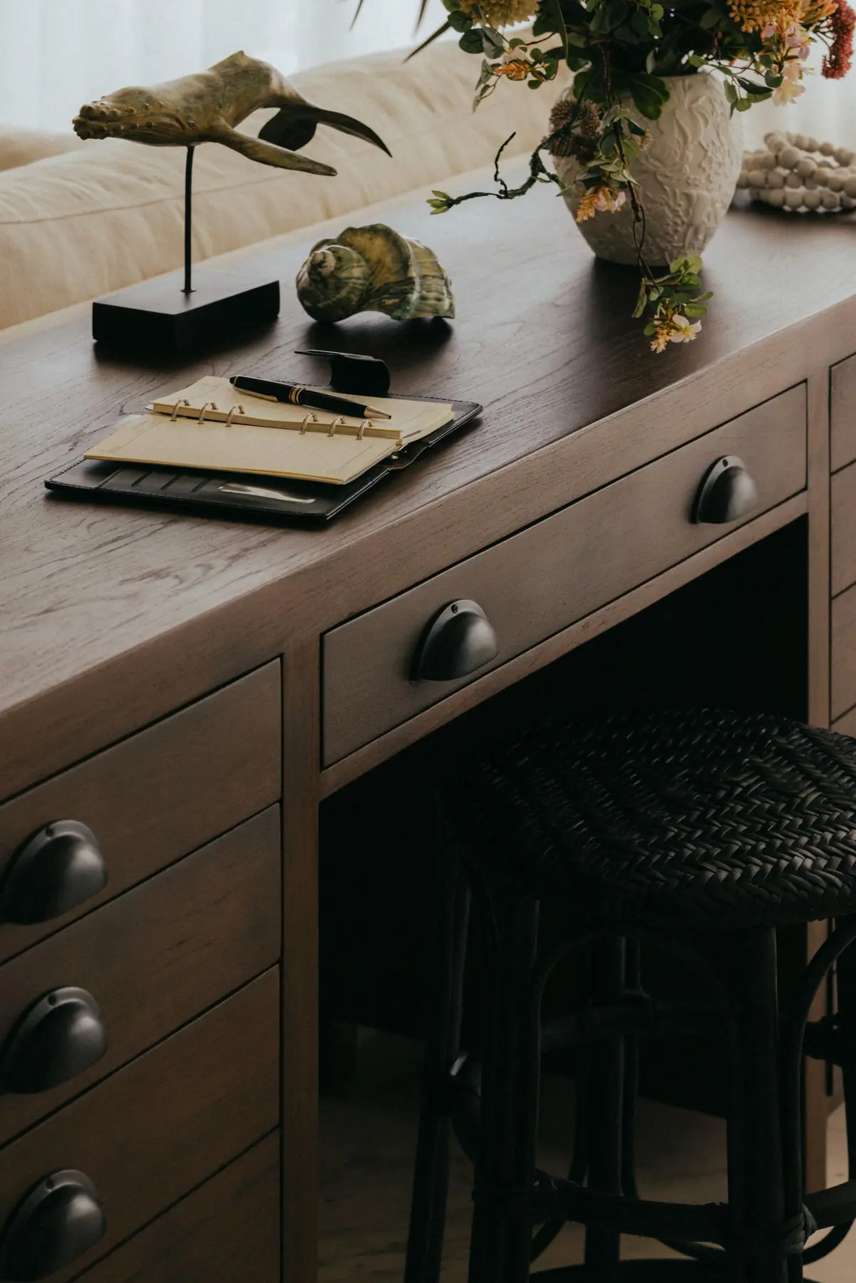 Aiden T — recycled teak credenza doubling as room divider and workstation