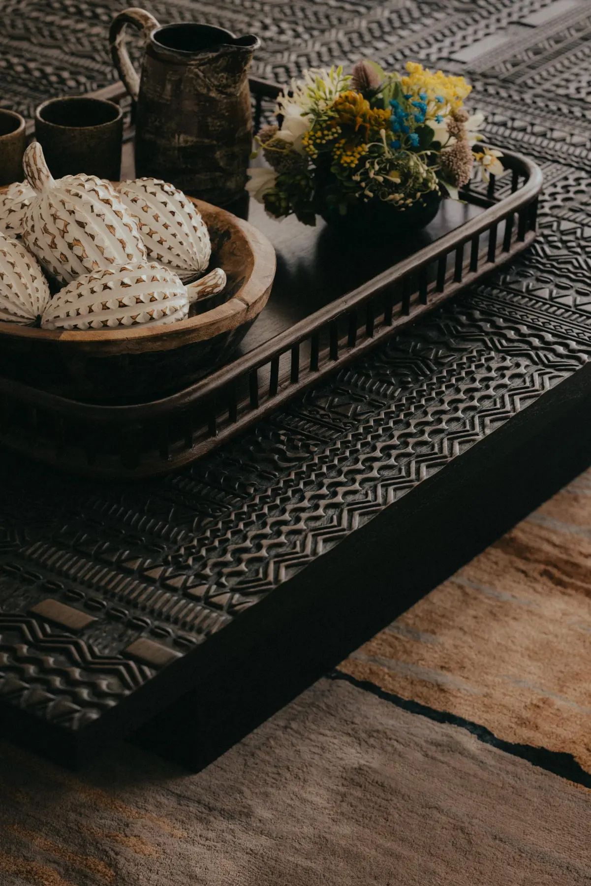 Aiden T — dining area with reclaimed railway sleeper table and pyrite stone top
